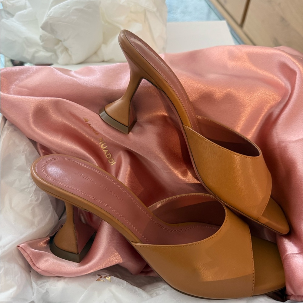 Amina Muaddi Lupita 70mm mule heels Latte 37